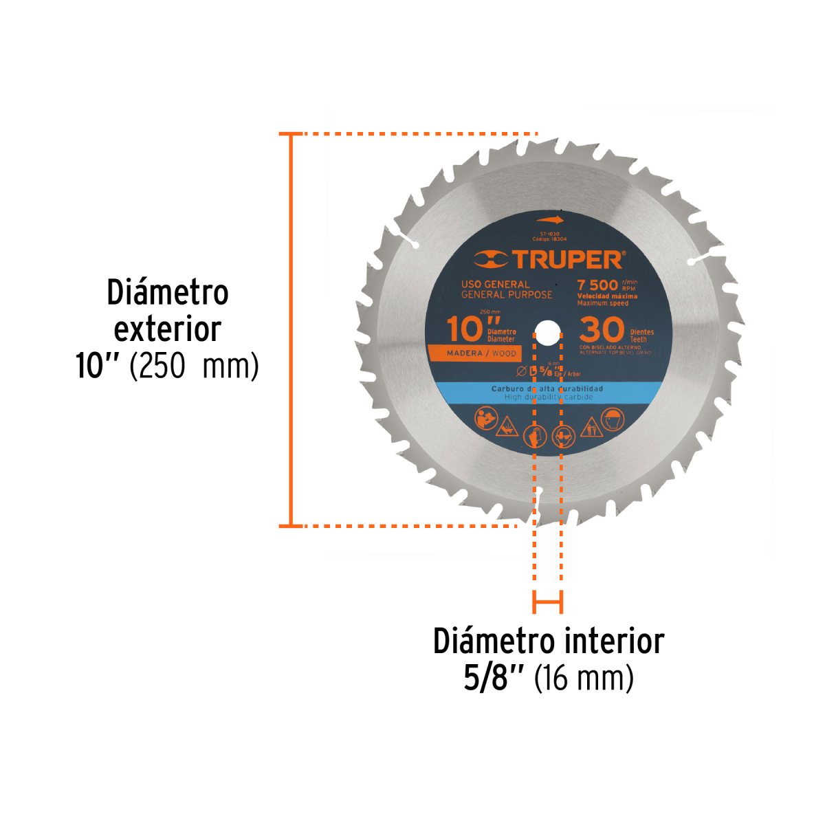 DISCO SIERRA 10" PARA MADERA 30 DIENTES CENTRO 5/8" TRUPER - Imagen 2