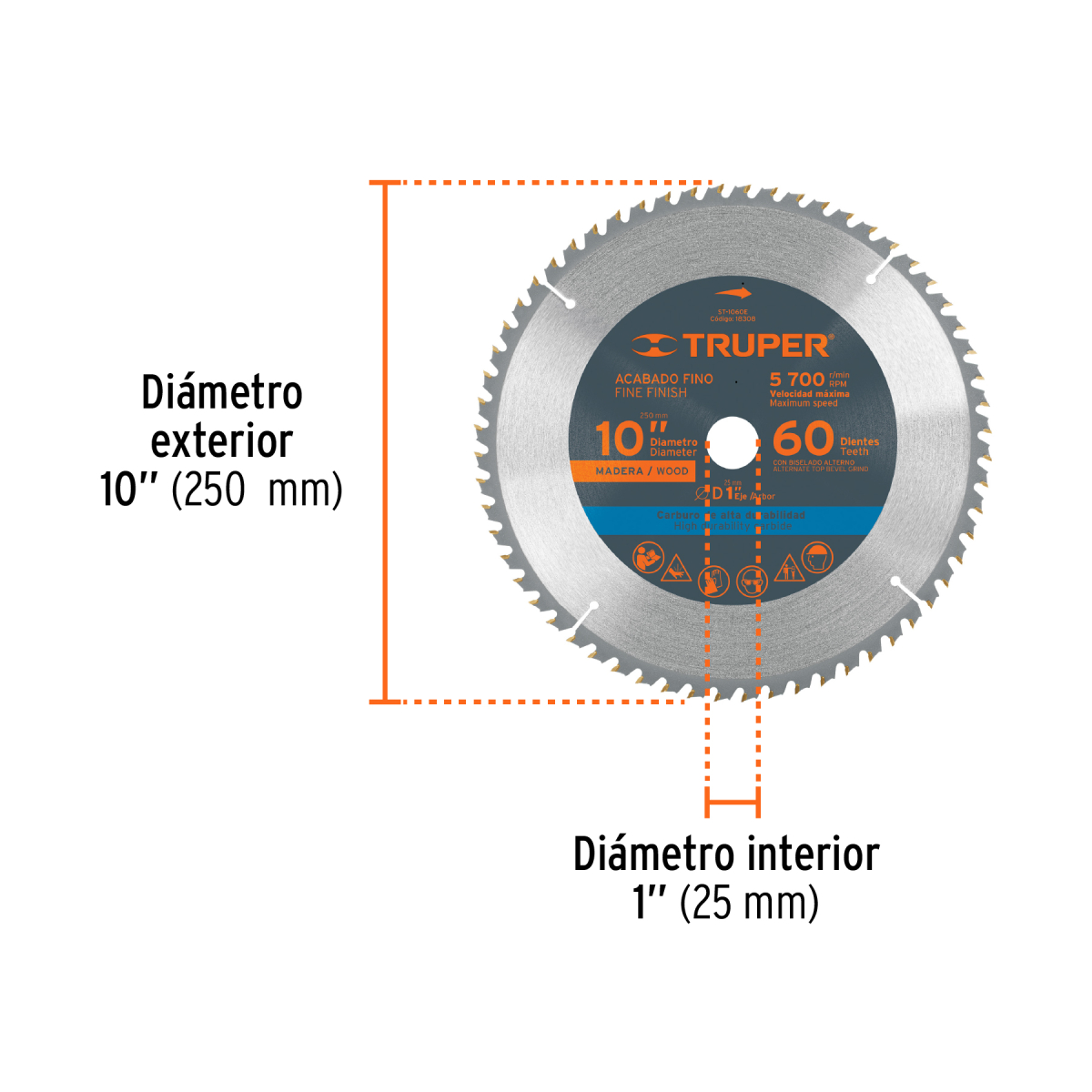 DISCO SIERRA 10" PARA MADERA 60 DIENTES CENTRO 1" TRUPER - Imagen 2