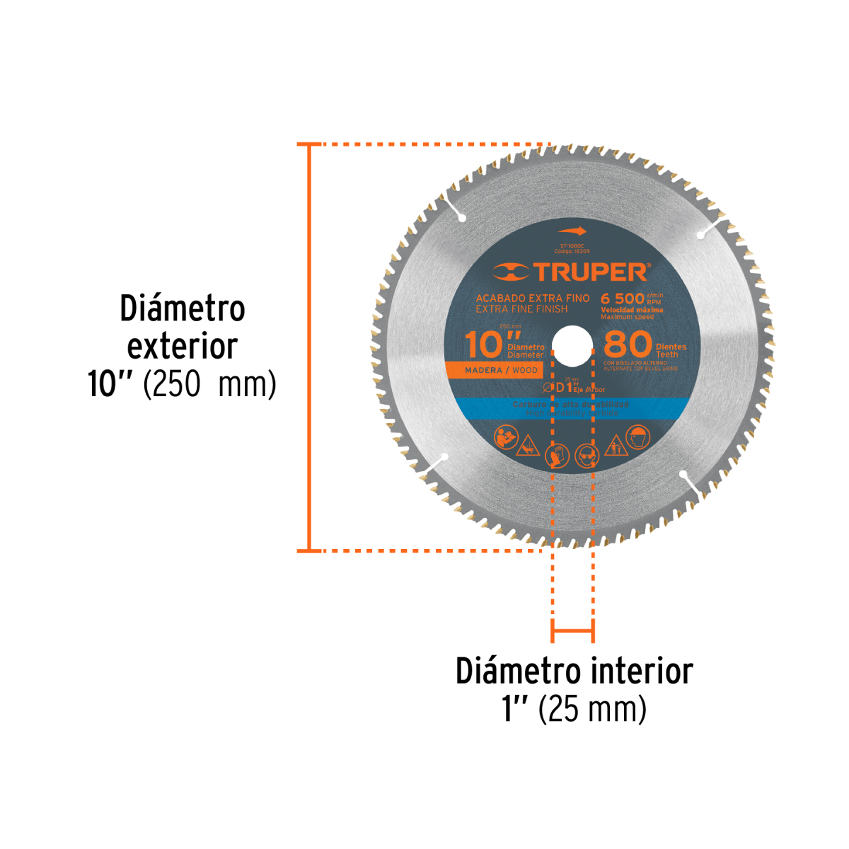 DISCO SIERRA 10" PARA MADERA 80 DIENTES CENTRO 1" TRUPER - Imagen 2