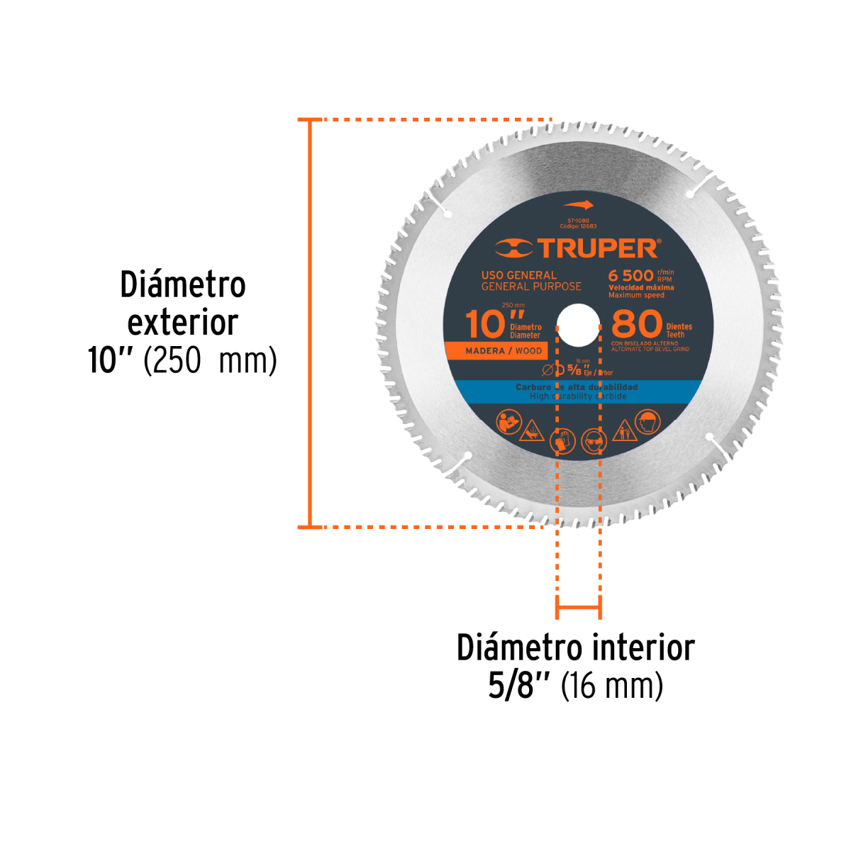 DISCO SIERRA 10" PARA MADERA 80 DIENTES CENTRO 5/8" TRUPER - Imagen 2