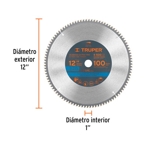 DISCO SIERRA 12" PARA ALUMINIO 100 DIENTES CENTRO 1" TRUPER - Imagen 2