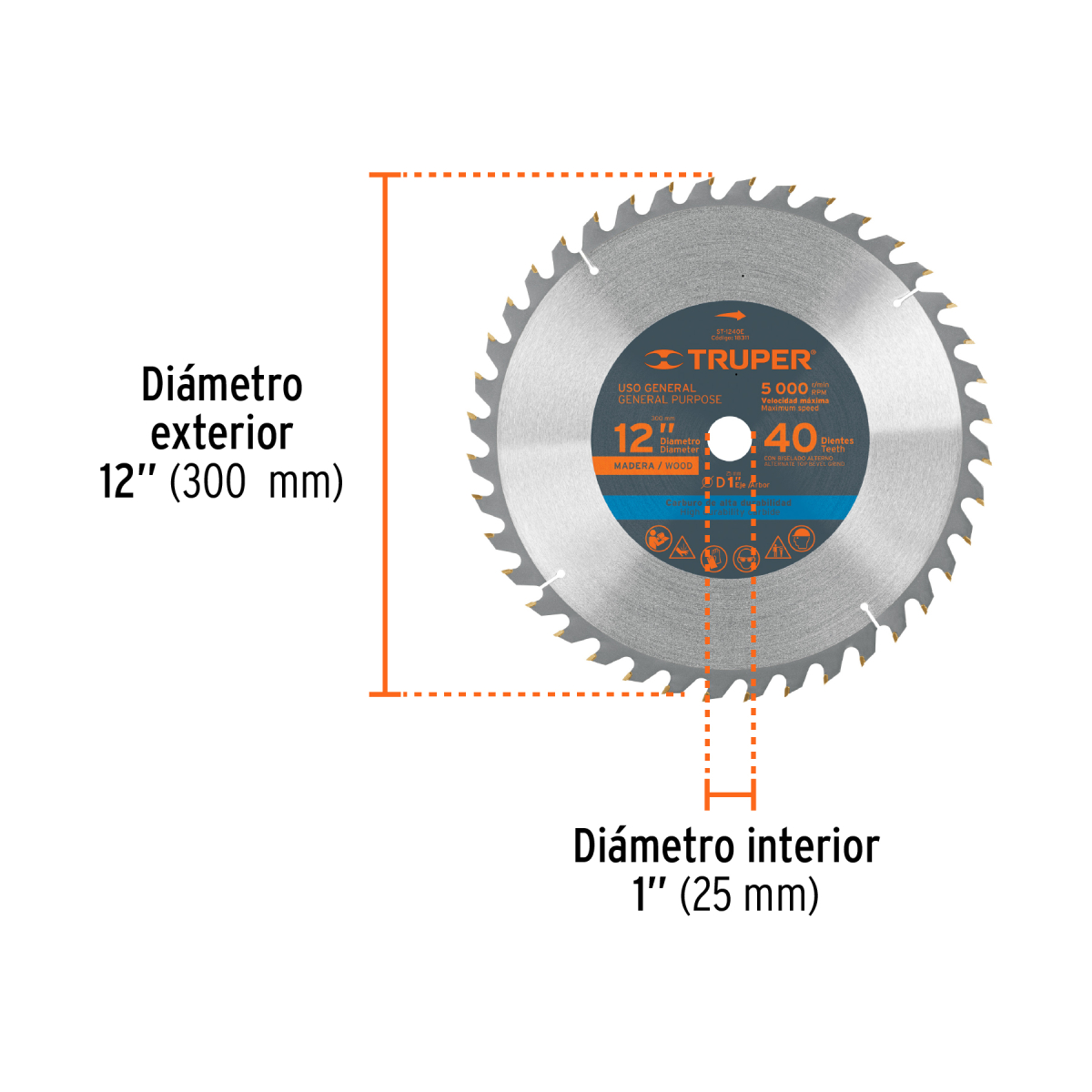 DISCO SIERRA 12" PARA MADERA 40 DIENTES CENTRO 1" TRUPER - Imagen 2