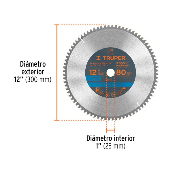 DISCO SIERRA 12" PARA ALUMINIO 80 DIENTES CENTRO 1" TRUPER - Imagen 2