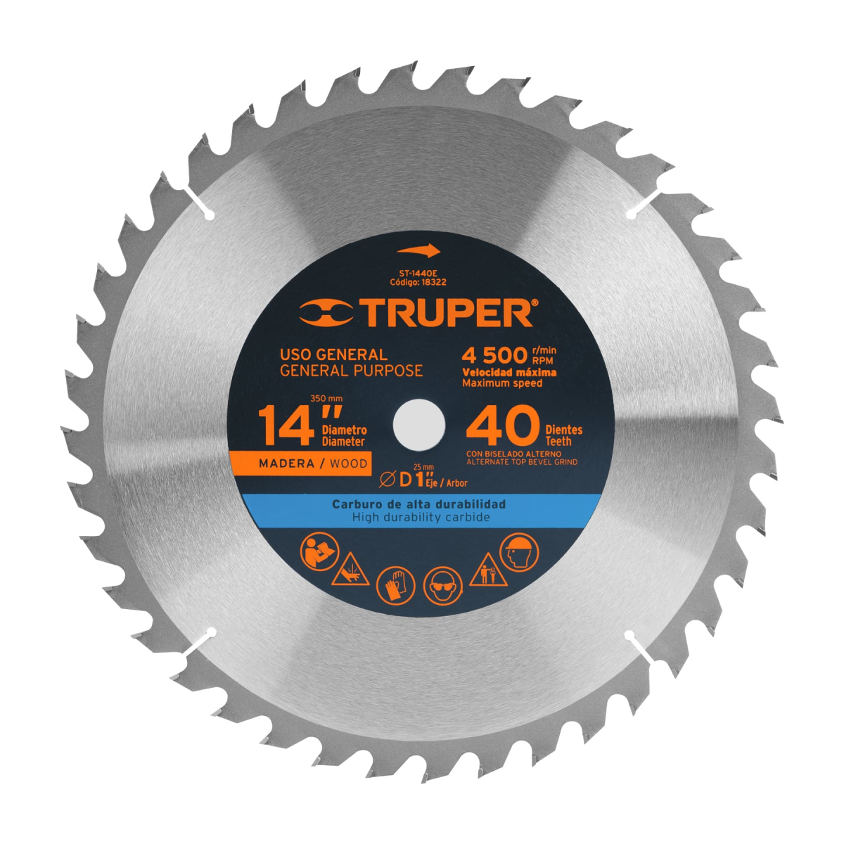 DISCO SIERRA 14" PARA MADERA 40 DIENTES CENTRO 1" TRUPER