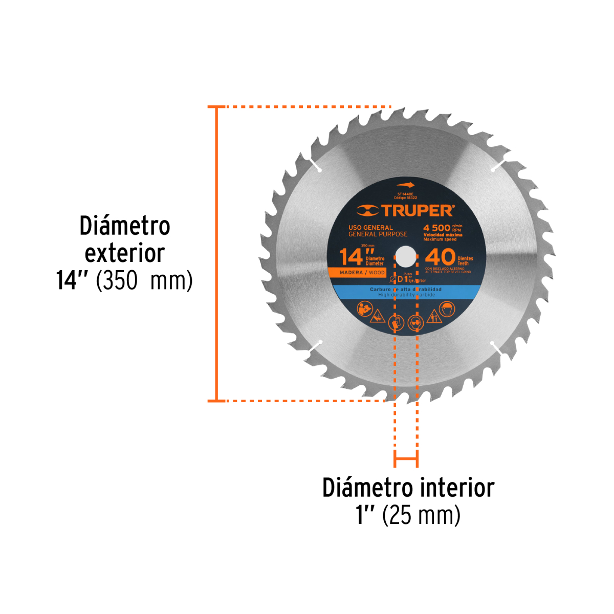 DISCO SIERRA 14" PARA MADERA 40 DIENTES CENTRO 1" TRUPER - Imagen 2