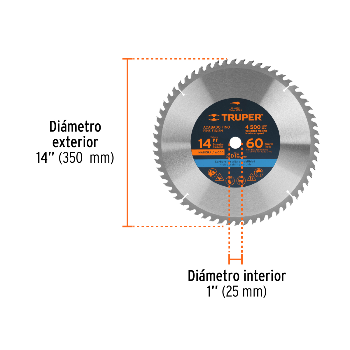 DISCO SIERRA 14" PARA MADERA 60 DIENTES CENTRO 1" TRUPER - Imagen 2