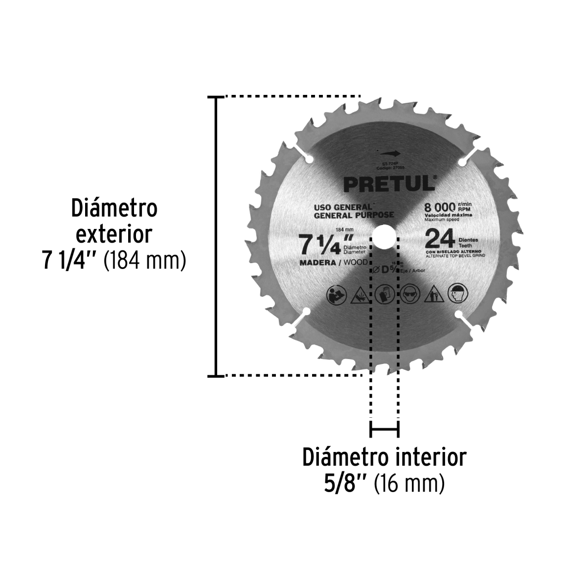 DISCO SIERRA 7-1/4" PARA MADERA 24 DIENTES CENTRO 5/8" PRETUL - Imagen 2