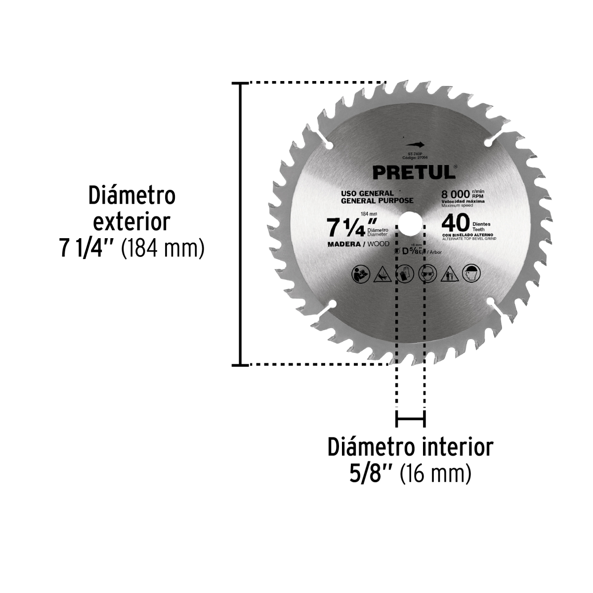 DISCO SIERRA 7-1/4" PARA MADERA 40 DIENTES CENTRO 5/8" PRETUL - Imagen 2