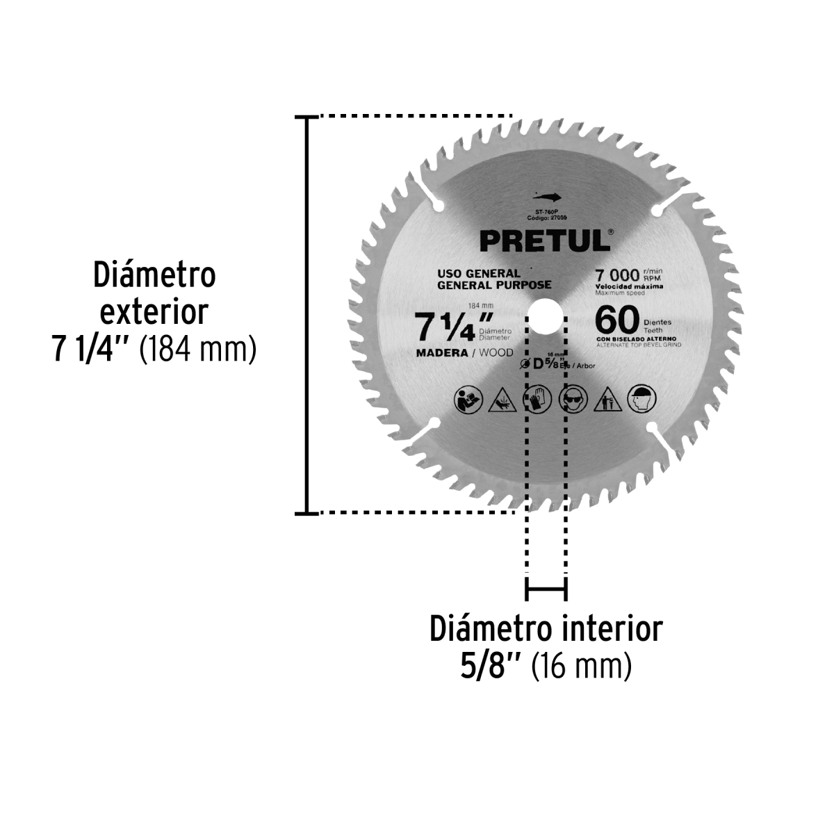 DISCO SIERRA 7-1/4" PARA MADERA 60 DIENTES CENTRO 5/8" PRETUL - Imagen 2