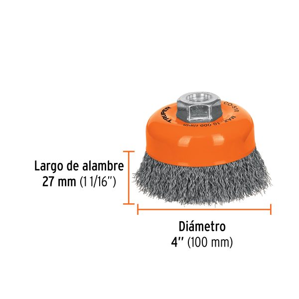 GRATA COPA 4" ALAMBRE ONDULADO FINO EJE 5/8"-11 TRUPER - Imagen 2