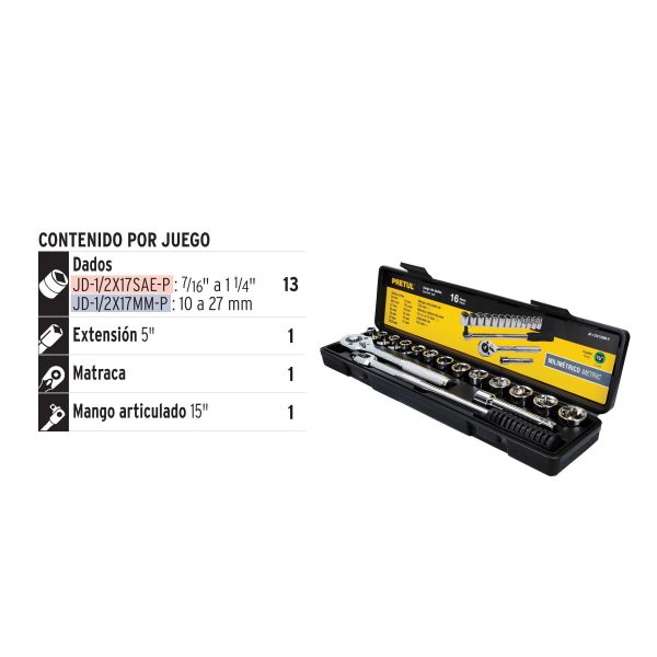 JUEGO DE 16 HERRAMIENTAS 1/2" MM PARA MECANICO PRETUL - Imagen 2