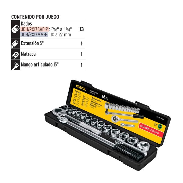 JUEGO DE 16 HERRAMIENTAS 1/2" STD PARA MECANICO PRETUL - Imagen 2