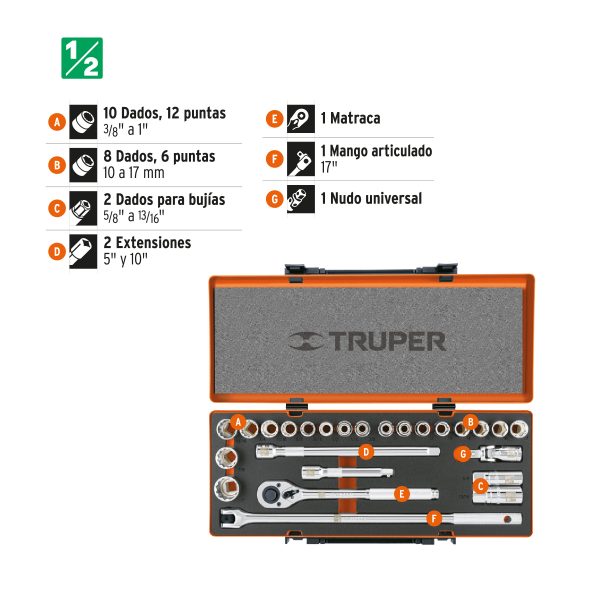 JUEGO DE 25 HERRAMIENTAS CUADRO 3/8" STD Y MM PARA MECANICO TRUPER - Imagen 2