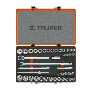 JUEGO DE 42 HERRAMIENTAS CUADRO 1/2" STD Y MM PARA MECANICO TRUPER