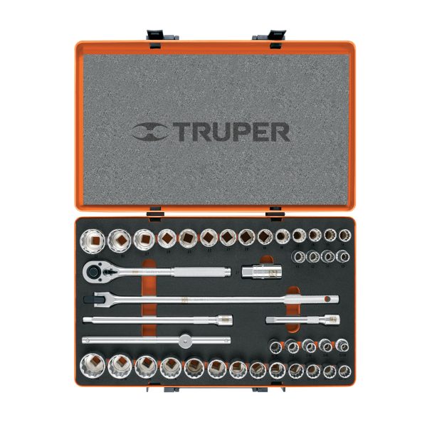 JUEGO DE 42 HERRAMIENTAS CUADRO 1/2" STD Y MM PARA MECANICO TRUPER