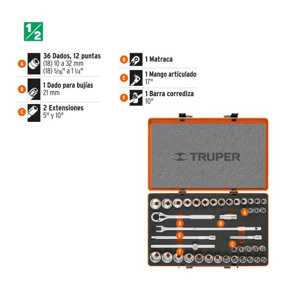 JUEGO DE 42 HERRAMIENTAS CUADRO 1/2" STD Y MM PARA MECANICO TRUPER - Imagen 2