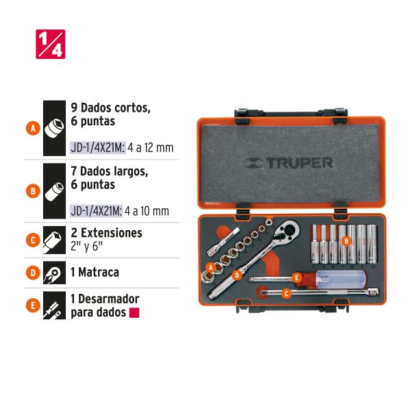 JUEGO DE 20 HERRAMIENTAS CUADRO 1/4" MM PARA MECANICO TRUPER - Imagen 2