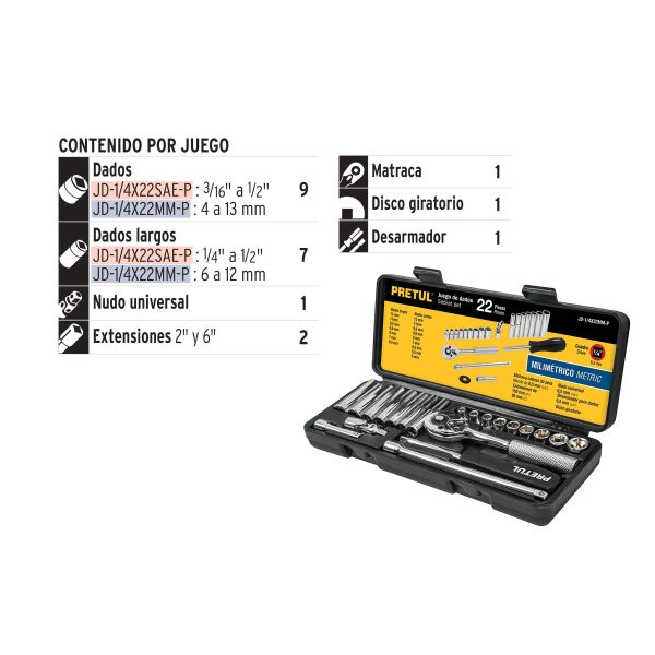 JUEGO DE 22 HERRAMIENTAS 1/4" MM PARA MECANICO PRETUL - Imagen 2