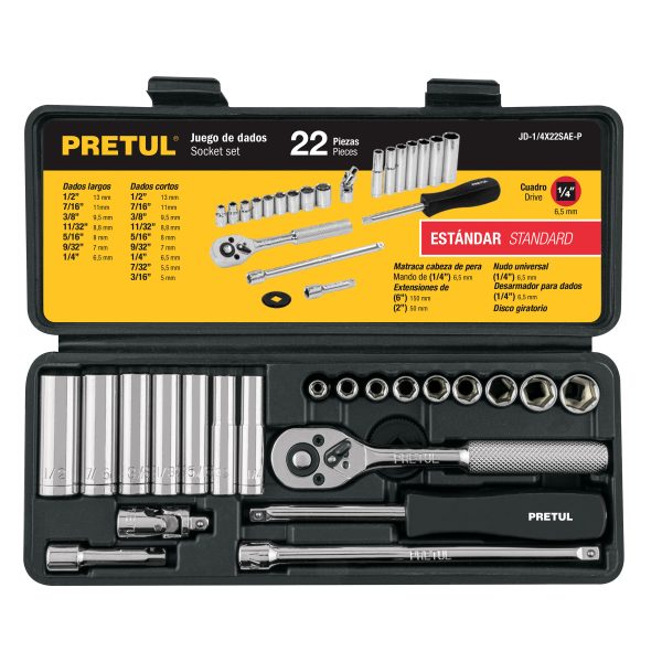 JUEGO DE 22 HERRAMIENTAS 1/4" STD PARA MECANICO PRETUL