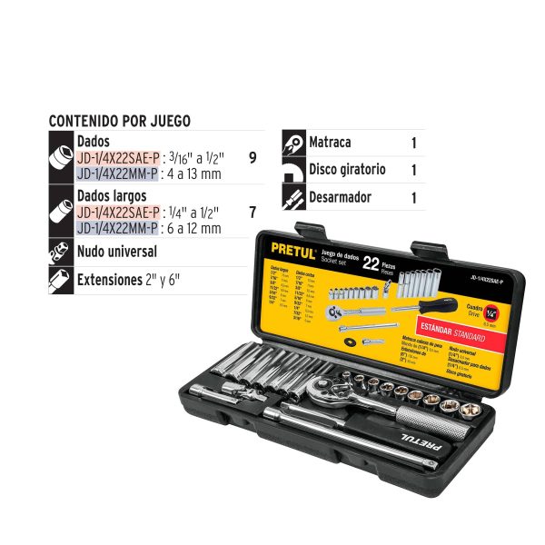 JUEGO DE 22 HERRAMIENTAS 1/4" STD PARA MECANICO PRETUL - Imagen 2