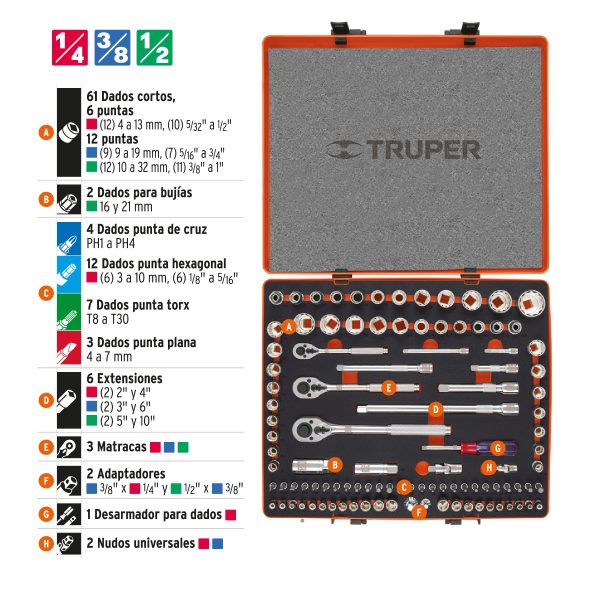 JUEGO 103 HERRAMIENTAS 1/4", 3/8" Y 1/2" STD Y MM PARA MECANICO TRUPER - Imagen 2
