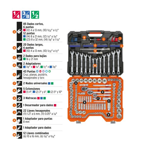 JUEGO 199 HERRAMIENTAS 1/4", 3/8" Y 1/2" STD Y MM PARA MECANICO TRUPER - Imagen 4