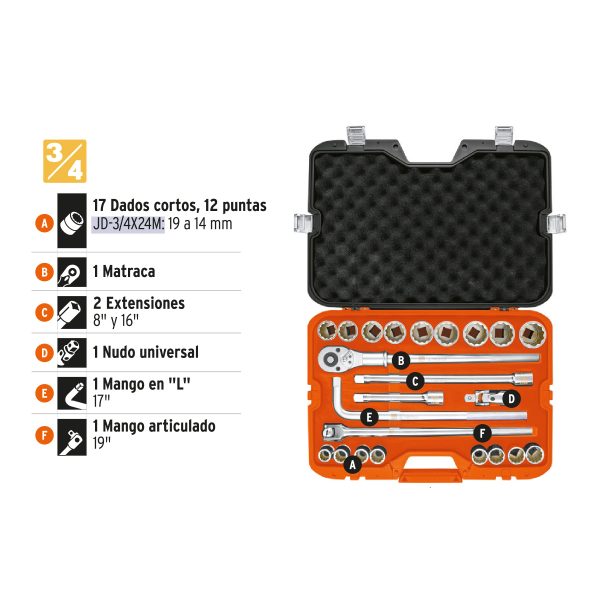JUEGO DE 23 HERRAMIENTAS CUADRO 3/4" MM PARA MECANICO TRUPER - Imagen 2