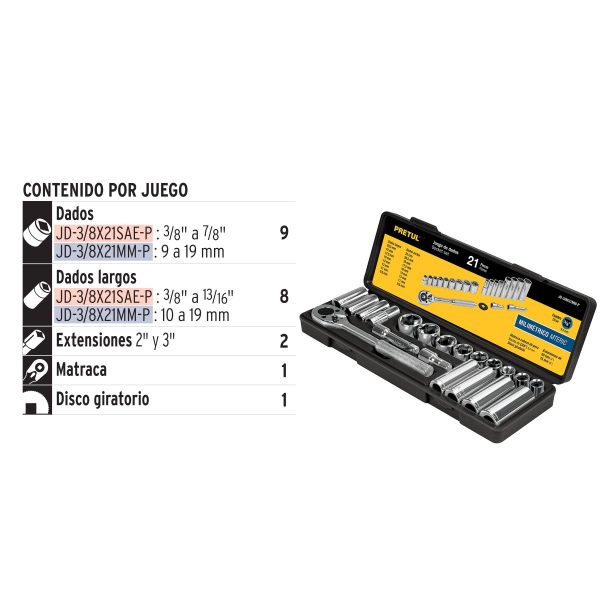 JUEGO DE 21 HERRAMIENTAS 3/8" MM PARA MECANICO PRETUL - Imagen 2