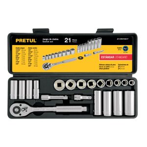 JUEGO DE 21 HERRAMIENTAS 3/8" STD PARA MECANICO PRETUL