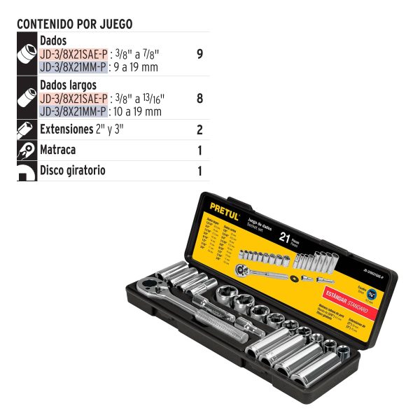 JUEGO DE 21 HERRAMIENTAS 3/8" STD PARA MECANICO PRETUL - Imagen 2