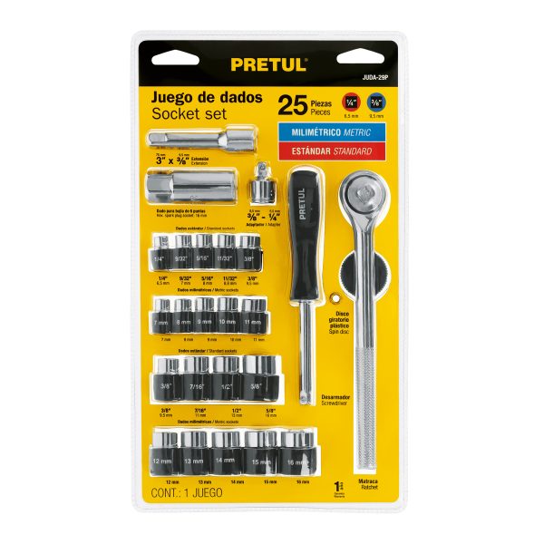 JUEGO DE 25 HERRAMIENTAS 1/4" Y 3/8" PARA MECANICO PRETUL