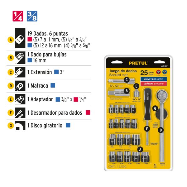 JUEGO DE 25 HERRAMIENTAS 1/4" Y 3/8" PARA MECANICO PRETUL - Imagen 2