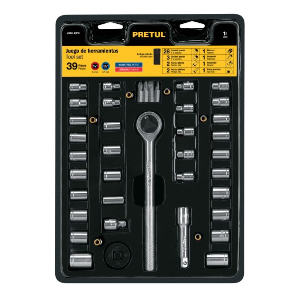 JUEGO DE 39 HERRAMIENTAS 1/4" Y 3/8" PARA MECANICO PRETUL