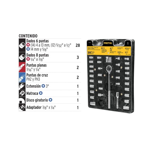 JUEGO DE 39 HERRAMIENTAS 1/4" Y 3/8" PARA MECANICO PRETUL - Imagen 2