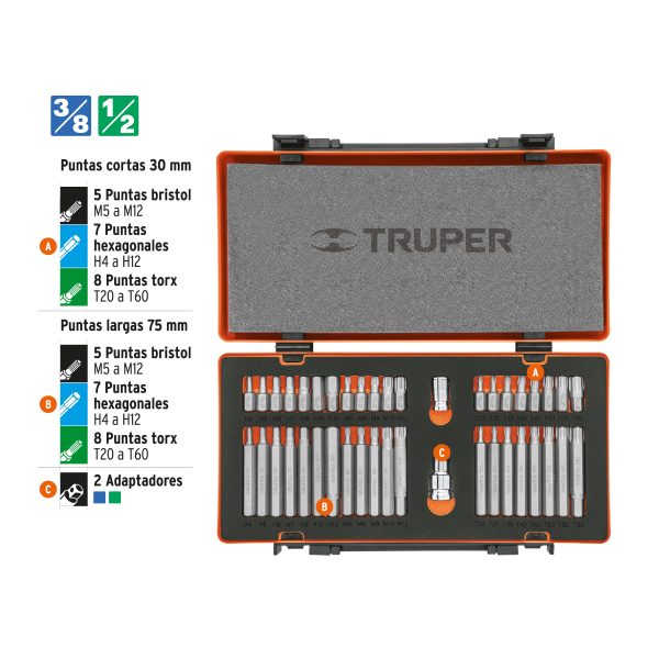 JUEGO 42 PUNTAS 1/2" Y 3/8" DE 75 Y 30 MM ESTUCHE METALICO TRUPER - Imagen 2