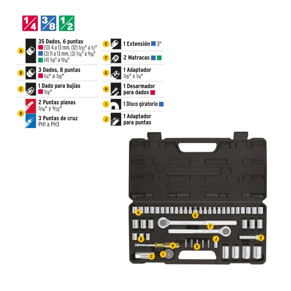 JUEGO DE 51 HERRAMIENTAS 1/4", 3/8" Y 1/2" PARA MECANICO PRETUL - Imagen 2