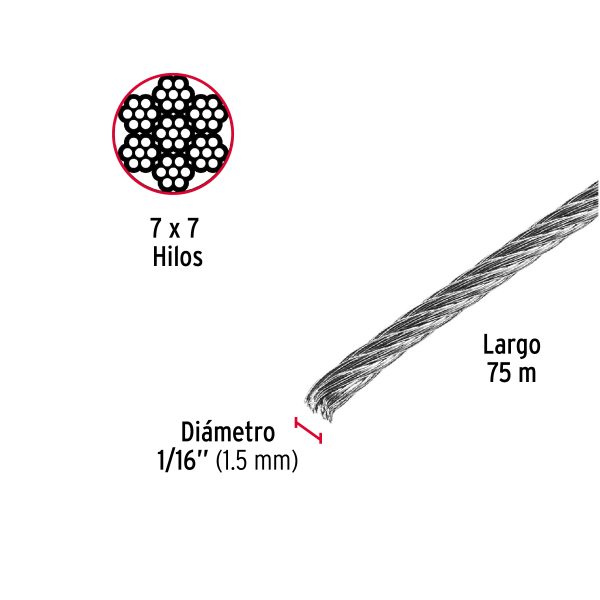 CABLE RIGIDO 1/16" DE ACERO 7 X 7 HILOS X 75 M FIERO - Imagen 2
