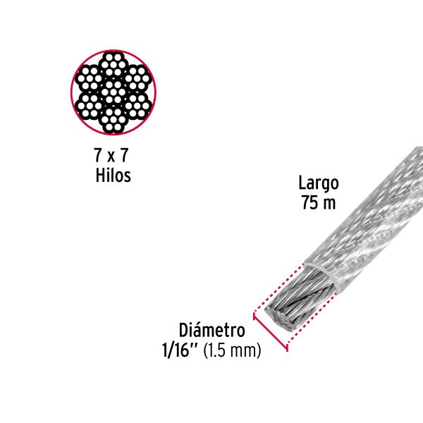 CABLE RIGIDO 1/16" ACERO 7 X 7 RECUBIERTO PVC X 75 M FIERO - Imagen 2