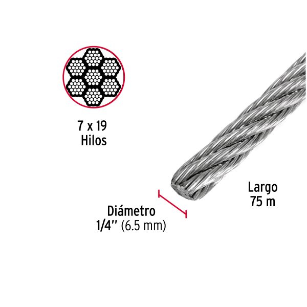 CABLE FLEXIBLE 1/4" DE ACERO 7 X 19 HILOS X 75 M FIERO - Imagen 2