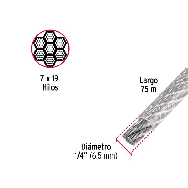 CABLE FLEXIBLE 1/4" ACERO 7 X 19 RECUBIERTO PVC X 75 M FIERO - Imagen 2