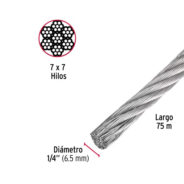 CABLE RIGIDO 1/4" DE ACERO 7 X 7 HILOS X 75 M FIERO - Imagen 2