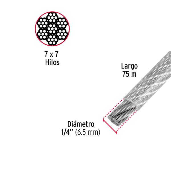 CABLE RIGIDO 1/4" ACERO 7 X 7 RECUBIERTO PVC X 75 M FIERO - Imagen 2