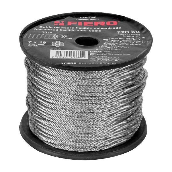 CABLE FLEXIBLE 1/8" DE ACERO 7 X 19 HILOS X 75 M FIERO