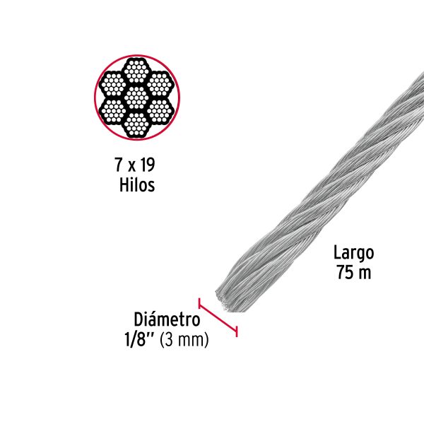 CABLE FLEXIBLE 1/8" DE ACERO 7 X 19 HILOS X 75 M FIERO - Imagen 2