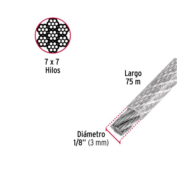 CABLE RIGIDO 1/8" ACERO 7 X 7 RECUBIERTO PVC X 75 M FIERO - Imagen 2
