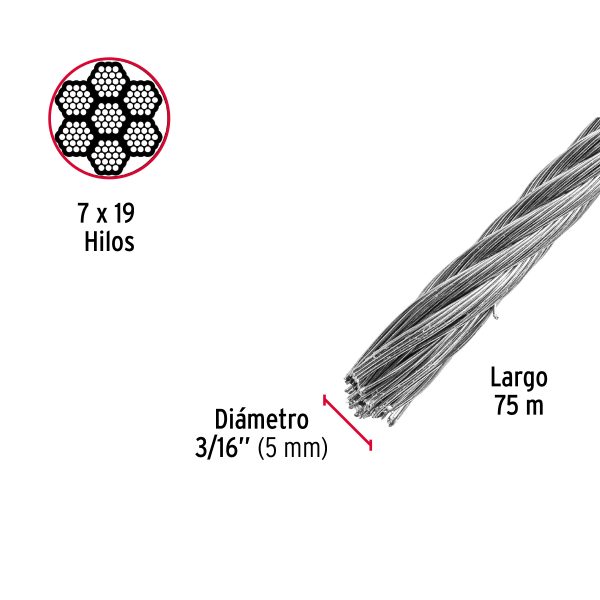 CABLE FLEXIBLE 3/16" DE ACERO 7 X 19 HILOS X 75 M FIERO - Imagen 2