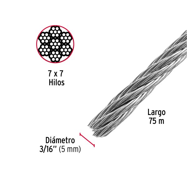 CABLE RIGIDO 3/16" DE ACERO 7 X 7 HILOS X 75 M FIERO - Imagen 2