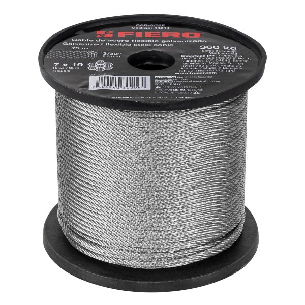 CABLE FLEXIBLE 3/32" DE ACERO 7 X 19 HILOS X 75 M FIERO