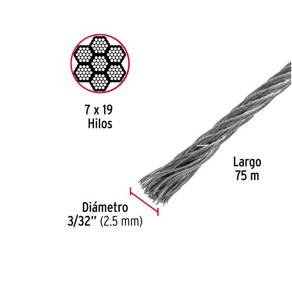 CABLE FLEXIBLE 3/32" DE ACERO 7 X 19 HILOS X 75 M FIERO - Imagen 2