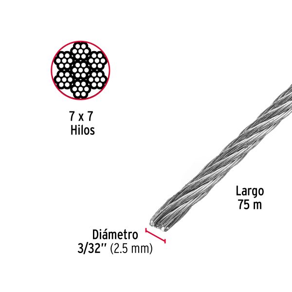 CABLE RIGIDO 3/32" DE ACERO 7 X 7 HILOS X 75 M FIERO - Imagen 2
